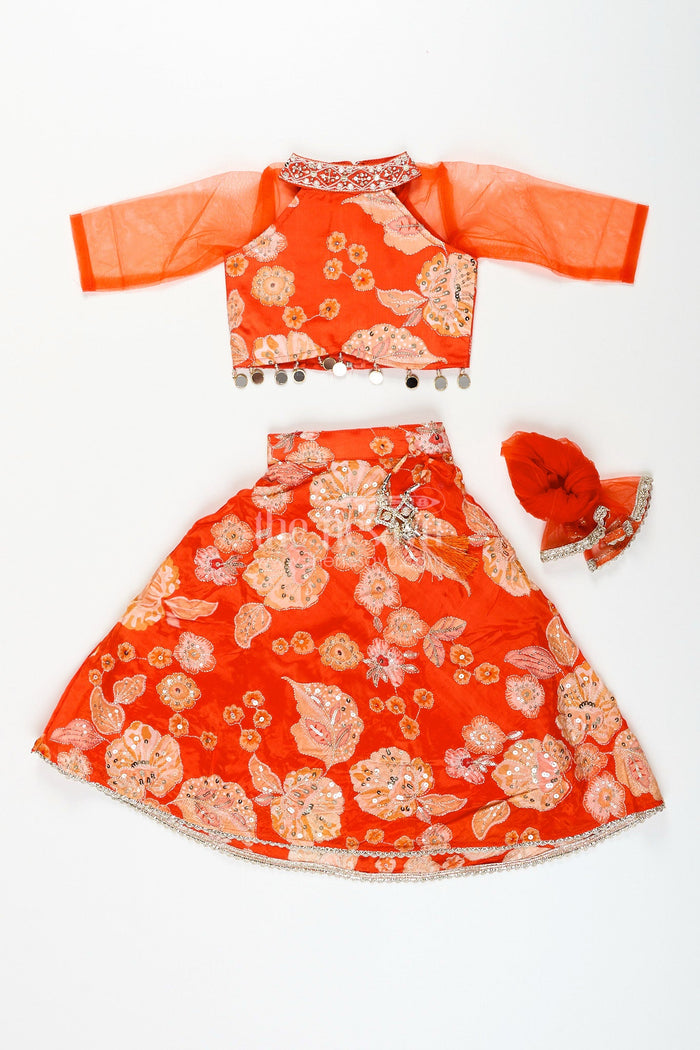 The Nesavu Girls Lehenga Choli Viscose silk lehenga choli for girls with sequence embroidery Nesavu Nesavu orange viscose silk lehenga choli for girls with sequin embroidery and festive tassel details