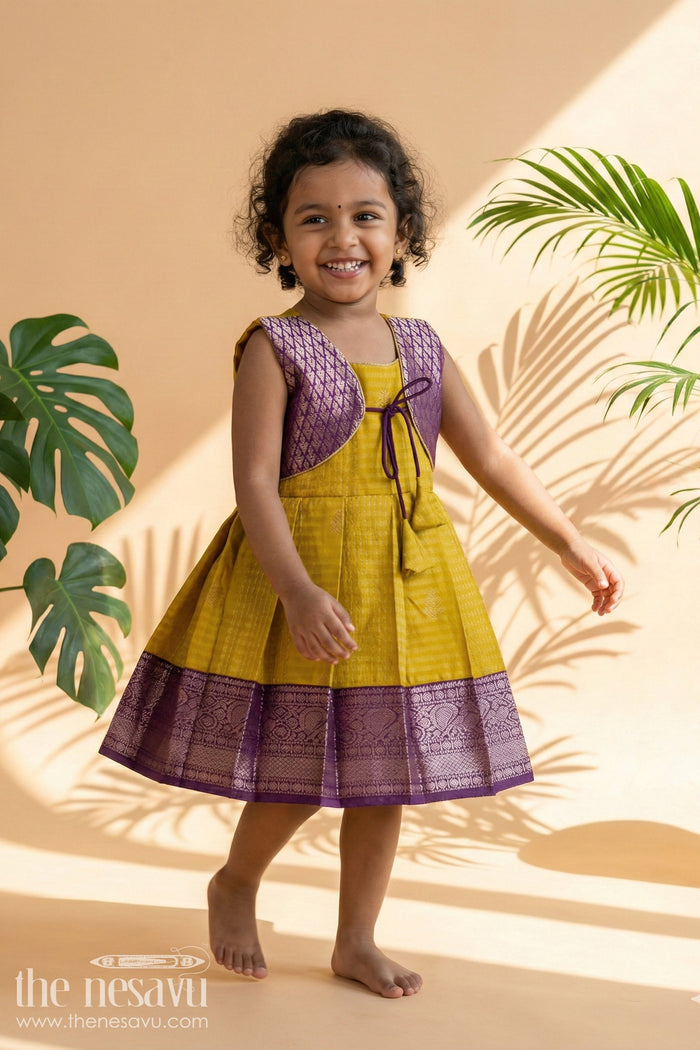 The Nesavu Girls Kanchi Silk Frock Wedding-ready Silk Frock for Toddler Girls with Designer Kanchivaram Saree Accents Nesavu 10 (NB) / Yellow / style 1 KSF015CA-10 Nesavu toddler girl wedding silk frock with designer Kanchivaram style zari border and jacquard yoke