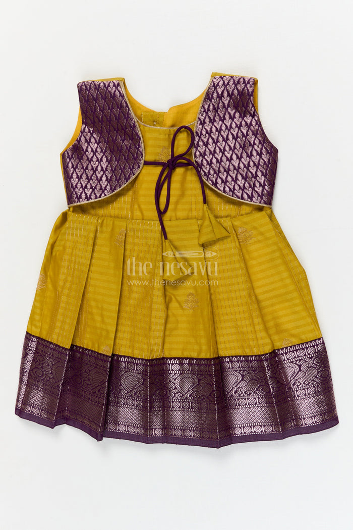 The Nesavu Girls Kanchi Silk Frock Wedding-ready Silk Frock for Toddler Girls with Designer Kanchivaram Saree Accents Nesavu 10 (NB) / Yellow / style 1 KSF015CA-10 Nesavu toddler girl wedding silk frock with designer Kanchivaram style zari border and jacquard yoke