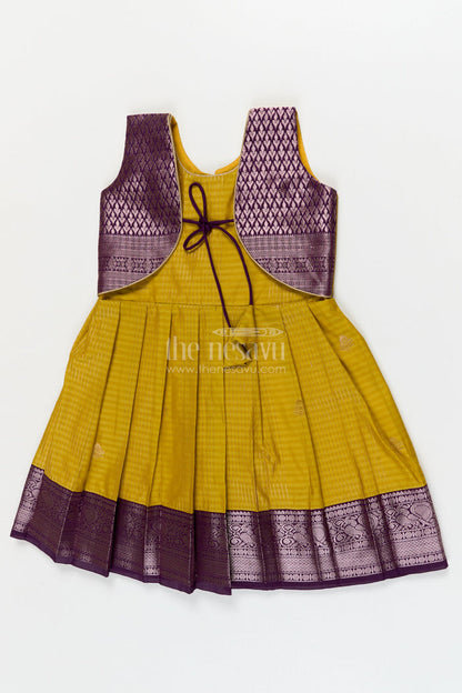 The Nesavu Girls Kanchi Silk Frock Wedding-ready Silk Frock for Toddler Girls with Designer Kanchivaram Saree Accents Nesavu 10 (NB) / Yellow / style 2 KSF015CB-10 Nesavu toddler girl wedding silk frock with designer Kanchivaram style zari border and jacquard yoke