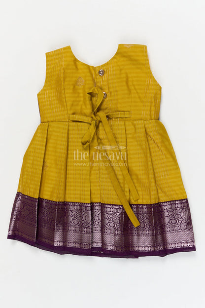 The Nesavu Girls Kanchi Silk Frock Wedding-ready Silk Frock for Toddler Girls with Designer Kanchivaram Saree Accents Nesavu Nesavu toddler girl wedding silk frock with designer Kanchivaram style zari border and jacquard yoke