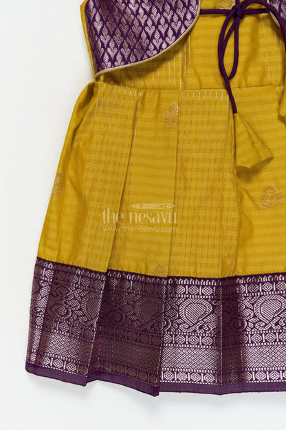 The Nesavu Girls Kanchi Silk Frock Wedding-ready Silk Frock for Toddler Girls with Designer Kanchivaram Saree Accents Nesavu Nesavu toddler girl wedding silk frock with designer Kanchivaram style zari border and jacquard yoke