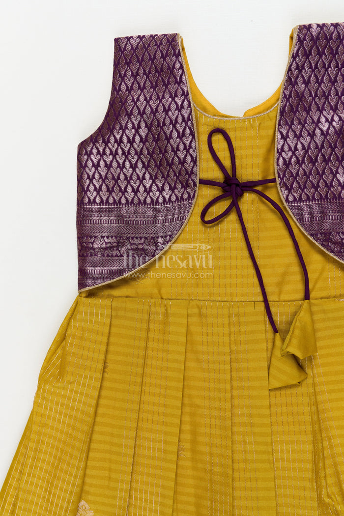 The Nesavu Girls Kanchi Silk Frock Wedding-ready Silk Frock for Toddler Girls with Designer Kanchivaram Saree Accents Nesavu Nesavu toddler girl wedding silk frock with designer Kanchivaram style zari border and jacquard yoke