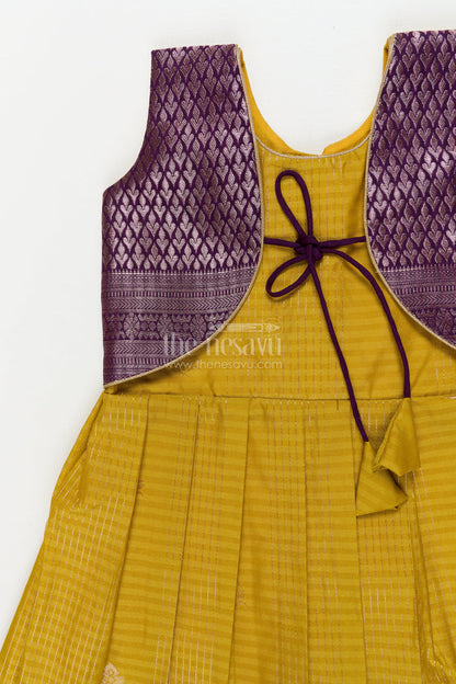 The Nesavu Girls Kanchi Silk Frock Wedding-ready Silk Frock for Toddler Girls with Designer Kanchivaram Saree Accents Nesavu Nesavu toddler girl wedding silk frock with designer Kanchivaram style zari border and jacquard yoke