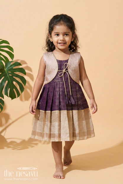 The Nesavu Girls Kanchi Silk Frock Wedding Silk Frock for Toddler Girls with Bridesmaid-style Kanchivaram Saree Design Nesavu 10 (NB) / Purple / style 1 KSF013AA-10 Nesavu toddler girl silk frock with bridesmaid style Kanchivaram saree design for weddings and receptions