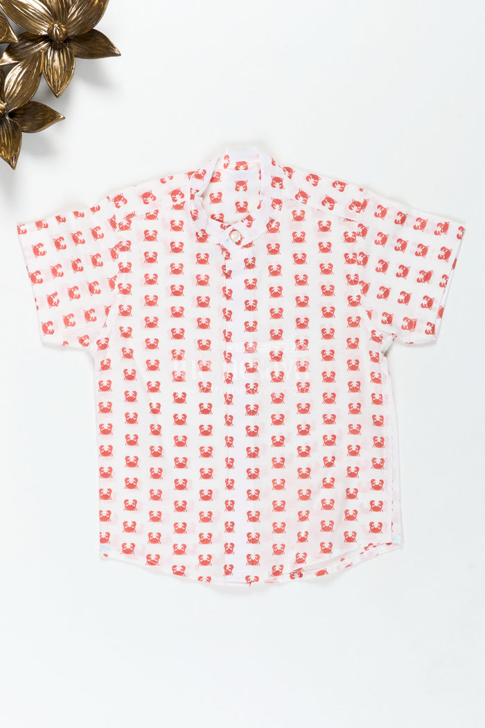 The Nesavu Boys Cotton Shirt White Printed Shirt for Boys in Cotton with Red Crab Motifs and Bold Sea-Inspired Digital Print Nesavu 16 (1Y) / Orange BS284A-16 Nesavu White Printed Shirt Boys Cotton Red Crab Digital Print Sea-Themed Design