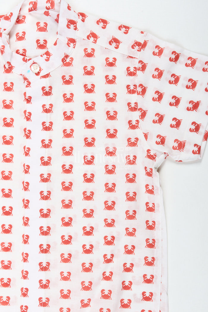 The Nesavu Boys Cotton Shirt White Printed Shirt for Boys in Cotton with Red Crab Motifs and Bold Sea-Inspired Digital Print Nesavu Nesavu White Printed Shirt Boys Cotton Red Crab Digital Print Sea-Themed Design