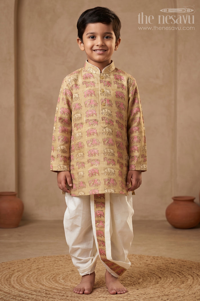 The Nesavu Boys Dothi Set Wild Charm: Green Elephant Print Kurta & Crisp White Panchagajam Ensemble for Boys Nesavu 12 (3M) / Yellow / Silk Blend BES378A-12 Handcrafted Boys Dhoti Kurta | The Nesavu