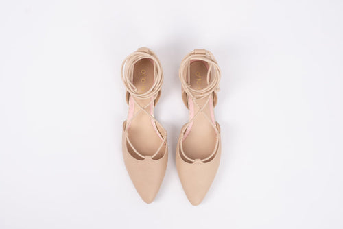Aerial view of Winnie Flats in beige, a tie-up womens shoe in larger UK sizes 8-12
