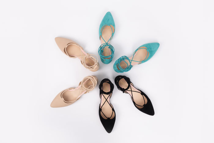 Aerial view of Winnie flats in all 3 colours, Black, Beige and Teal. Womens shoes in larger sizes available in UK 8-12