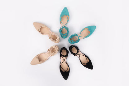 Aerial view of Winnie flats in all 3 colours, Black, Beige and Teal. Womens shoes in larger sizes available in UK 8-12