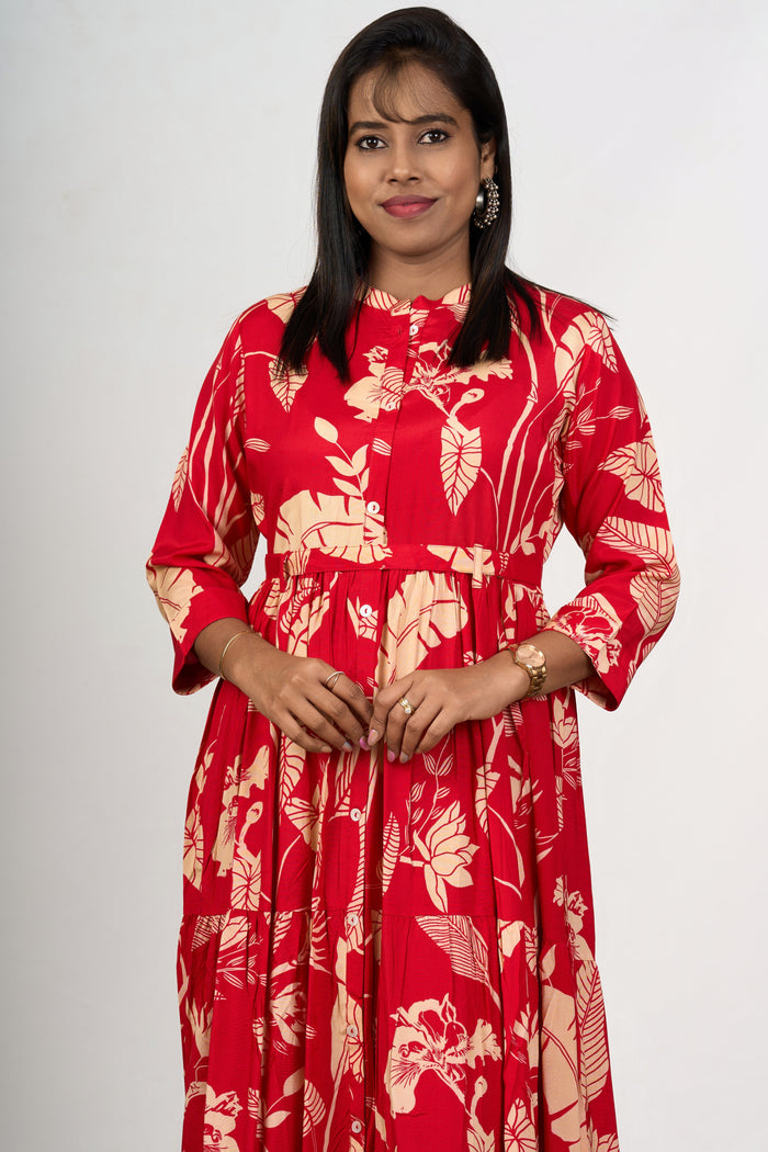 The Nesavu Womens Flared Kurthas Women'S Wedding Wear Red Flared Kurtha in Georgette with Floral Prints Nesavu Wedding Wear Red Flared Kurtha Georgette Floral Prints Women | The Nesavu