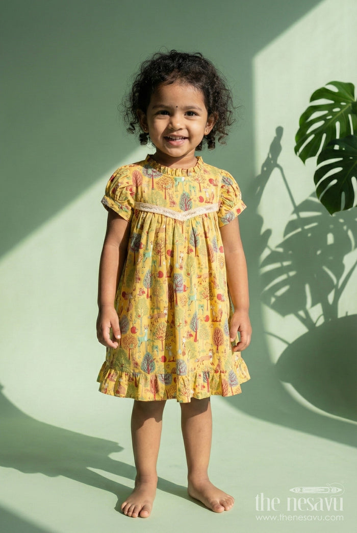 The Nesavu Girls Cotton Frock Woodland Animal Print Cotton Frock for Toddler Girls Nesavu 18 (2Y) / Yellow GFC1945A-18 Nesavu yellow cotton frock for toddler girls with woodland animal print and frill detailing