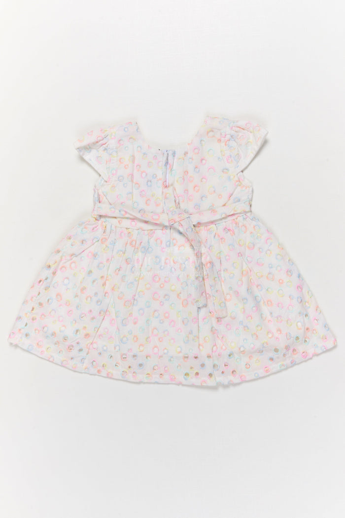 The Nesavu Baby Cotton Frocks Yellow Baby Girl Hakoba Frock with Floral Patch and Pastel Circle Embroidery Nesavu Nesavu yellow Hakoba cotton frock for baby girls with embroidery and flower patch