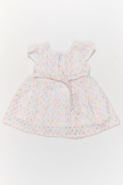 The Nesavu Baby Cotton Frocks Yellow Baby Girl Hakoba Frock with Floral Patch and Pastel Circle Embroidery Nesavu Nesavu yellow Hakoba cotton frock for baby girls with embroidery and flower patch