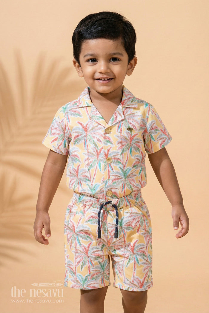 The Nesavu Boys Casual Set Yellow Beachwear Coat Set with Shorts for Boys Nesavu 12 (3M) / Yellow BCS110A-12 Yellow Beachwear Coat Set with Coconut Tree Print for Boys - Nesavu