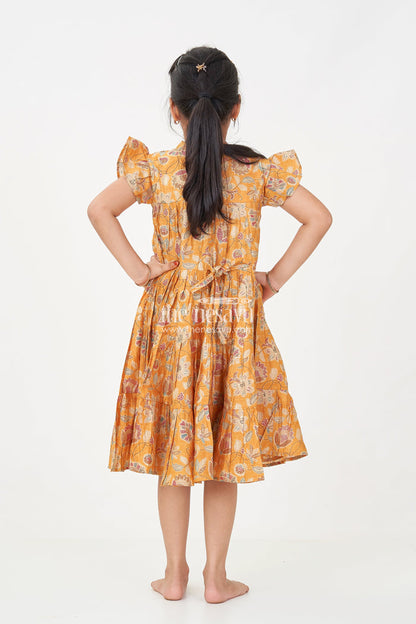 The Nesavu Girls Cotton Frock Yellow Frock for Baby Girls in Modal Silk with Digital Floral Print and Ruffled Sleeves Nesavu Nesavu Yellow Frock Baby Girls Soft Modal Silk Floral Digital Print Ruffle Detailing