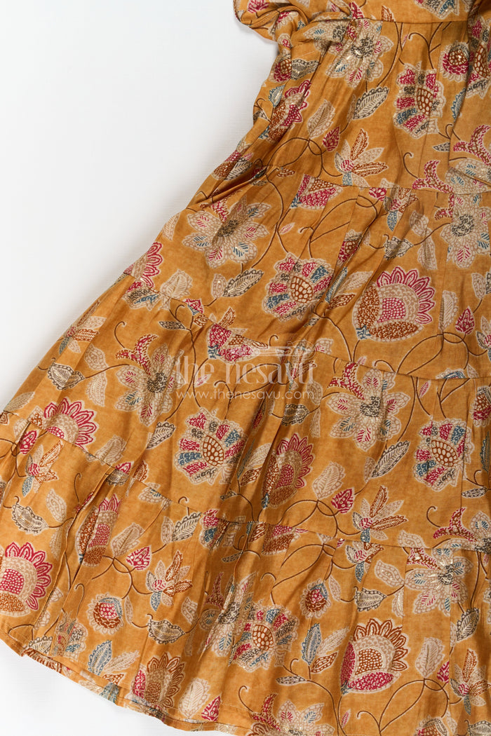 The Nesavu Girls Cotton Frock Yellow Frock for Baby Girls in Modal Silk with Digital Floral Print and Ruffled Sleeves Nesavu Nesavu Yellow Frock Baby Girls Soft Modal Silk Floral Digital Print Ruffle Detailing
