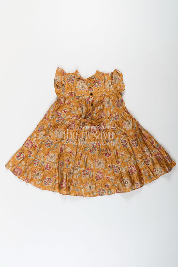 The Nesavu Girls Cotton Frock Yellow Frock for Baby Girls in Modal Silk with Digital Floral Print and Ruffled Sleeves Nesavu Nesavu Yellow Frock Baby Girls Soft Modal Silk Floral Digital Print Ruffle Detailing
